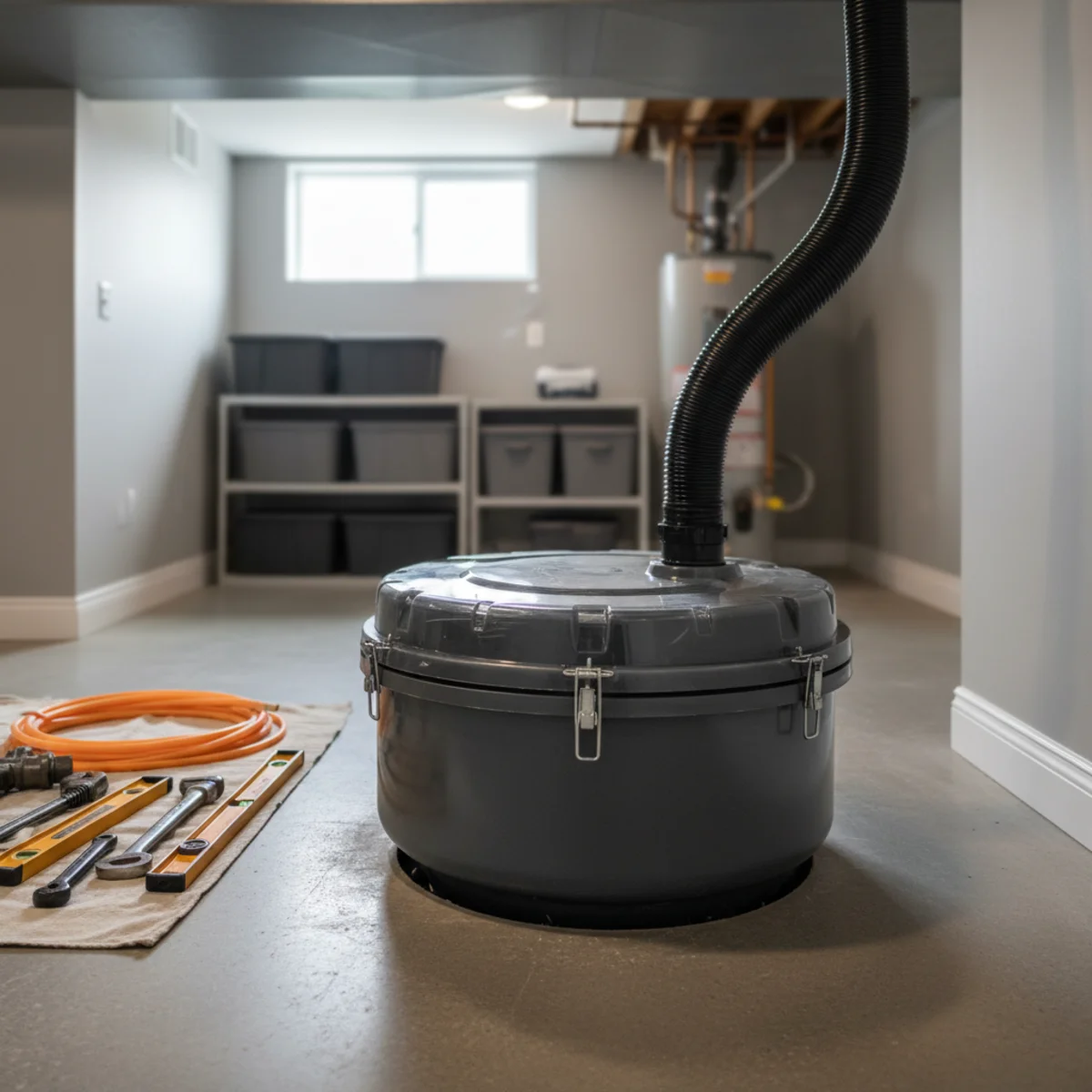 Sump pump in a finished basement