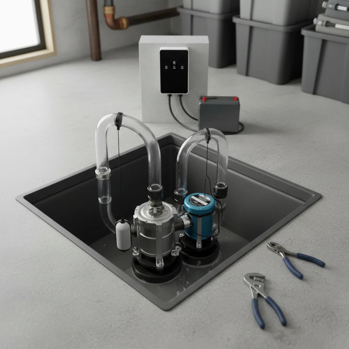 Sump pump with battery backup system