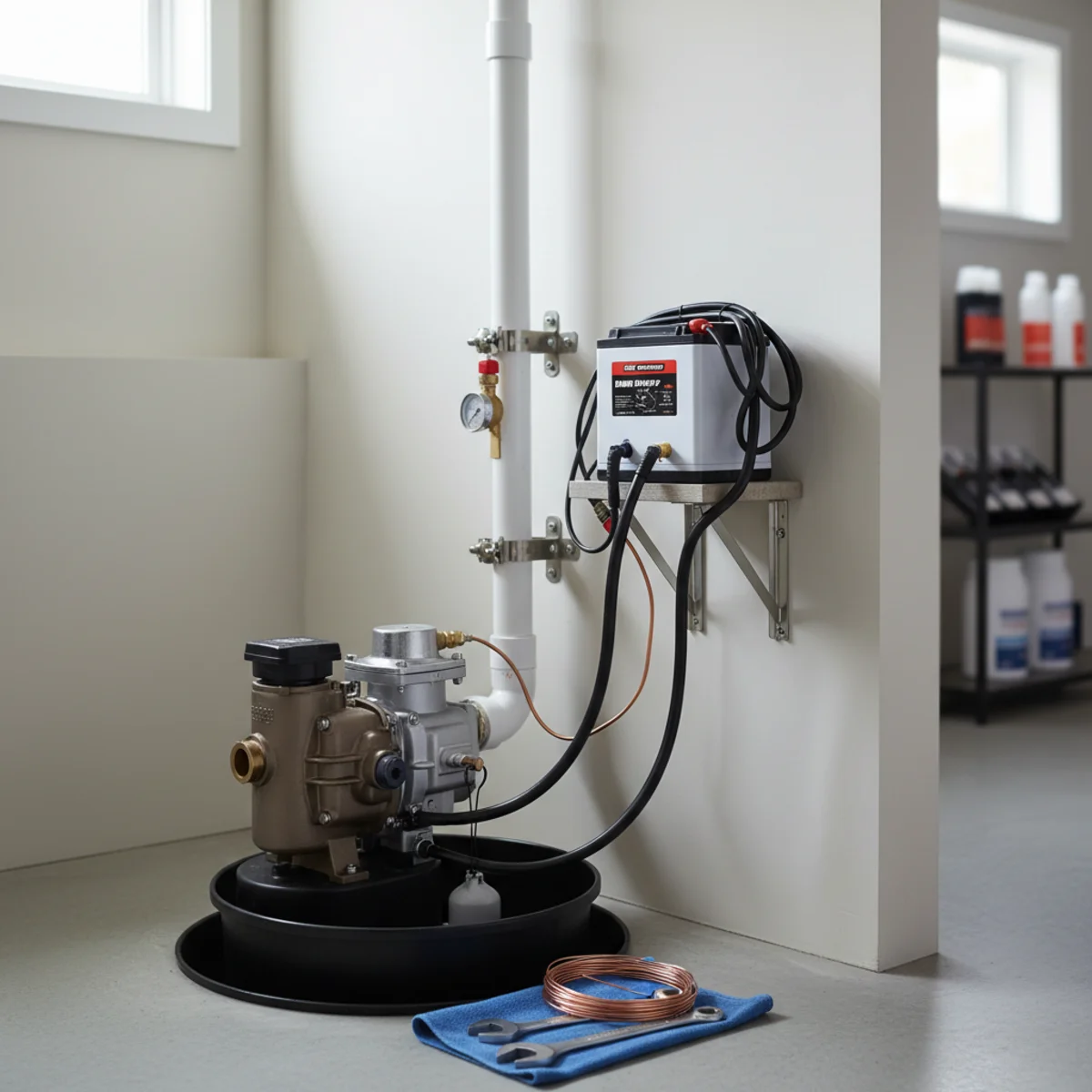 Battery backup sump pump system representing protection value