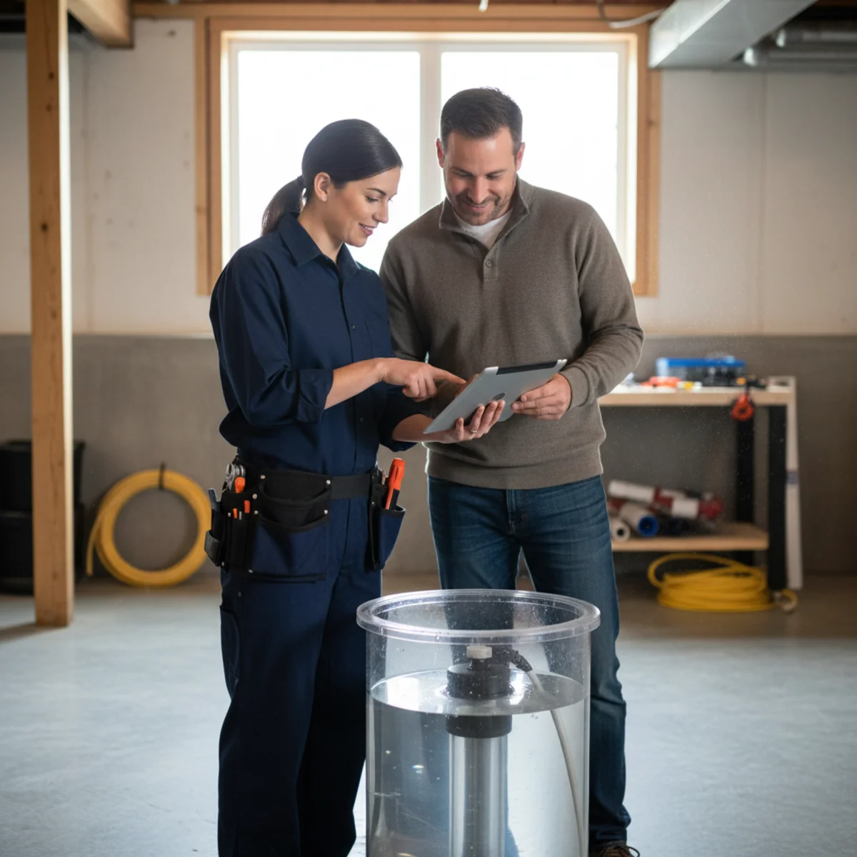 Plumber reviewing a sump pump installation estimate with a homeowner