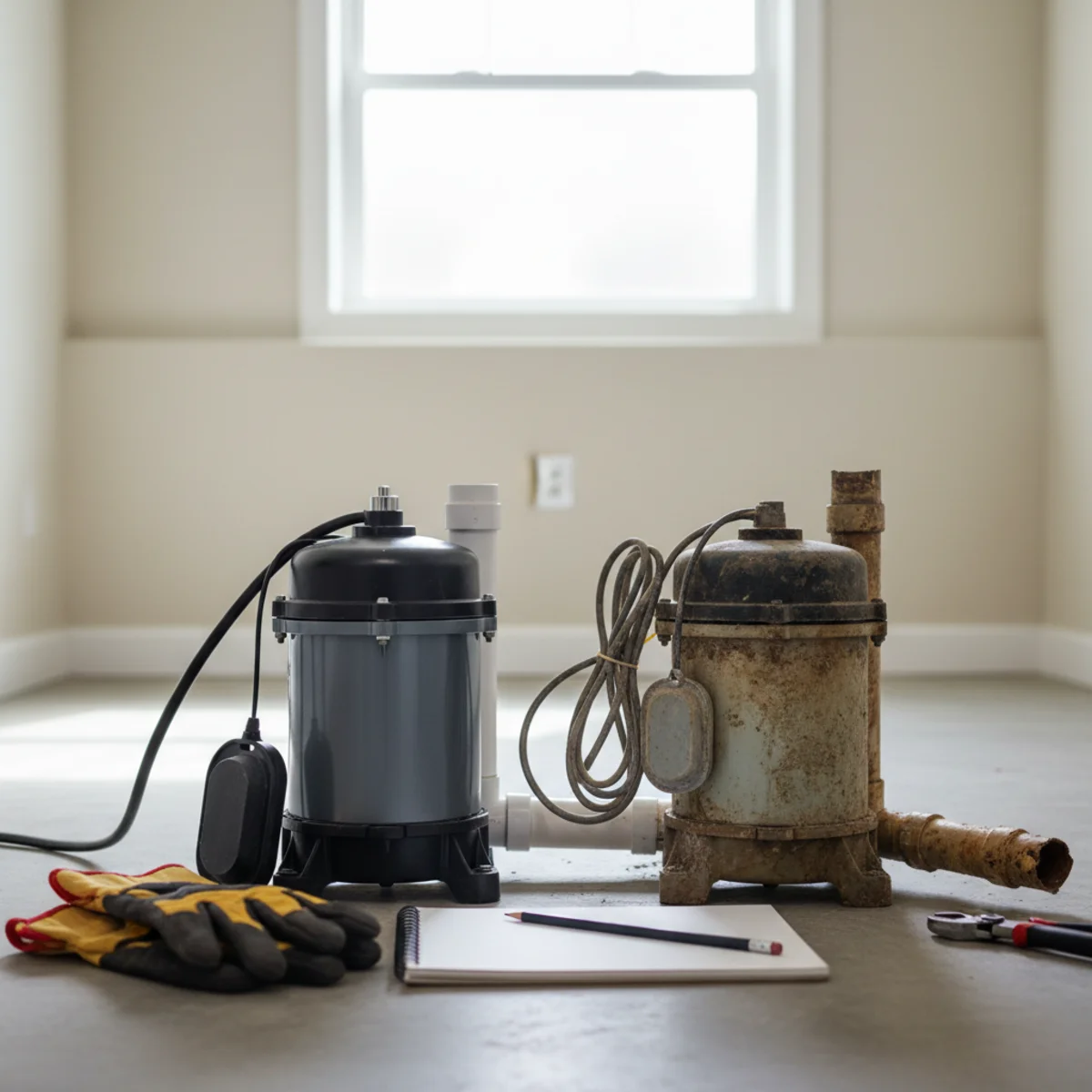 New sump pump and an old unit side by side with cost in mind