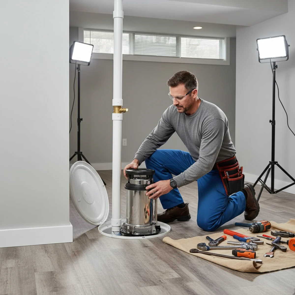 Plumber installing a submersible sump pump in a clean Littleton, CO basement