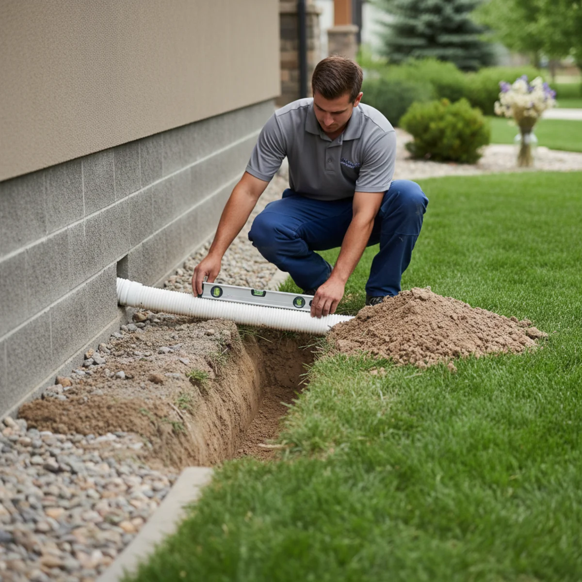 Sump pump discharge line routed below the frost line away from a Colorado home