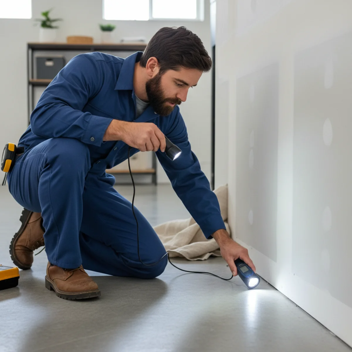 Plumber inspecting a Littleton basement and locating the low point for a sump pit