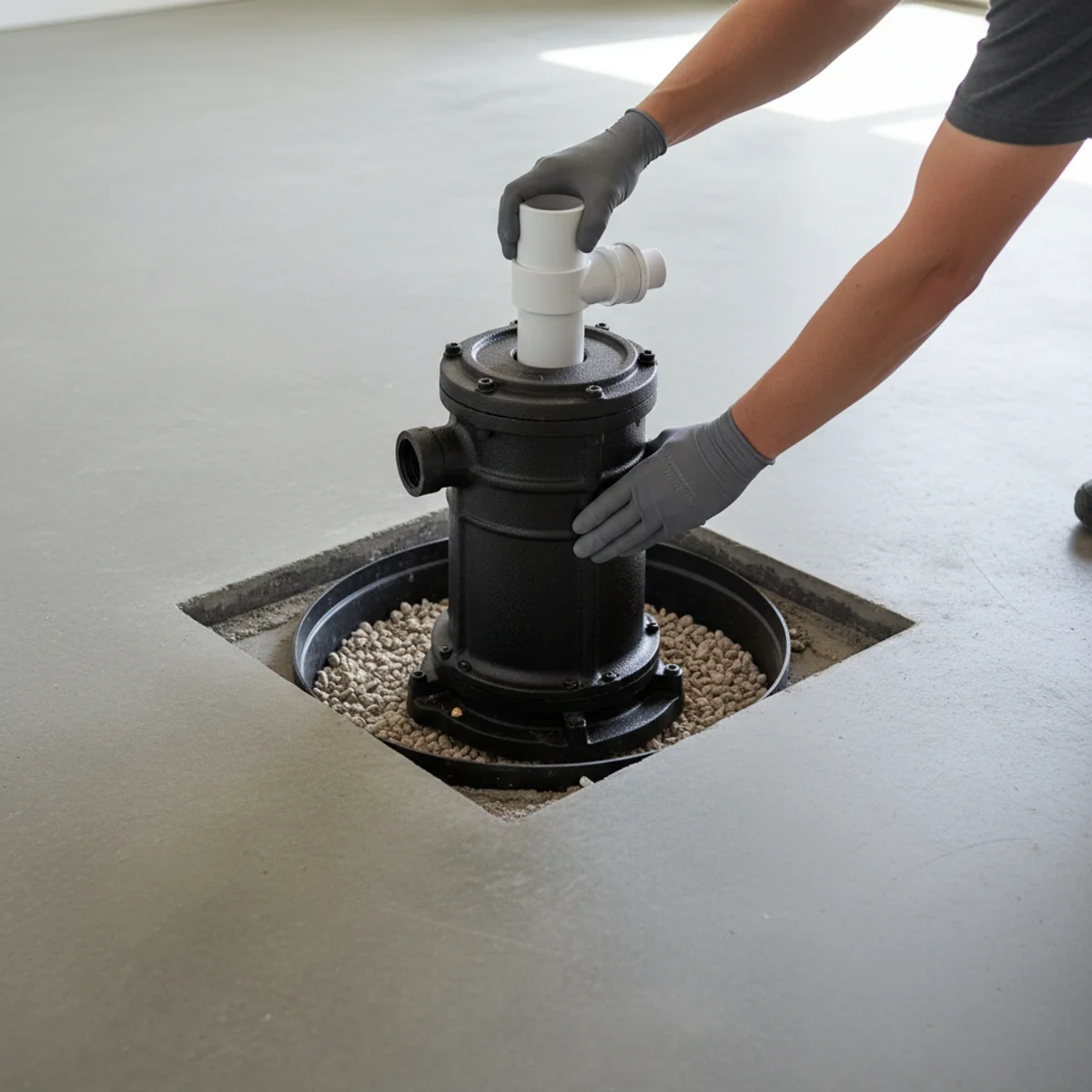 New sump basin and submersible pump being set and leveled in a basement floor