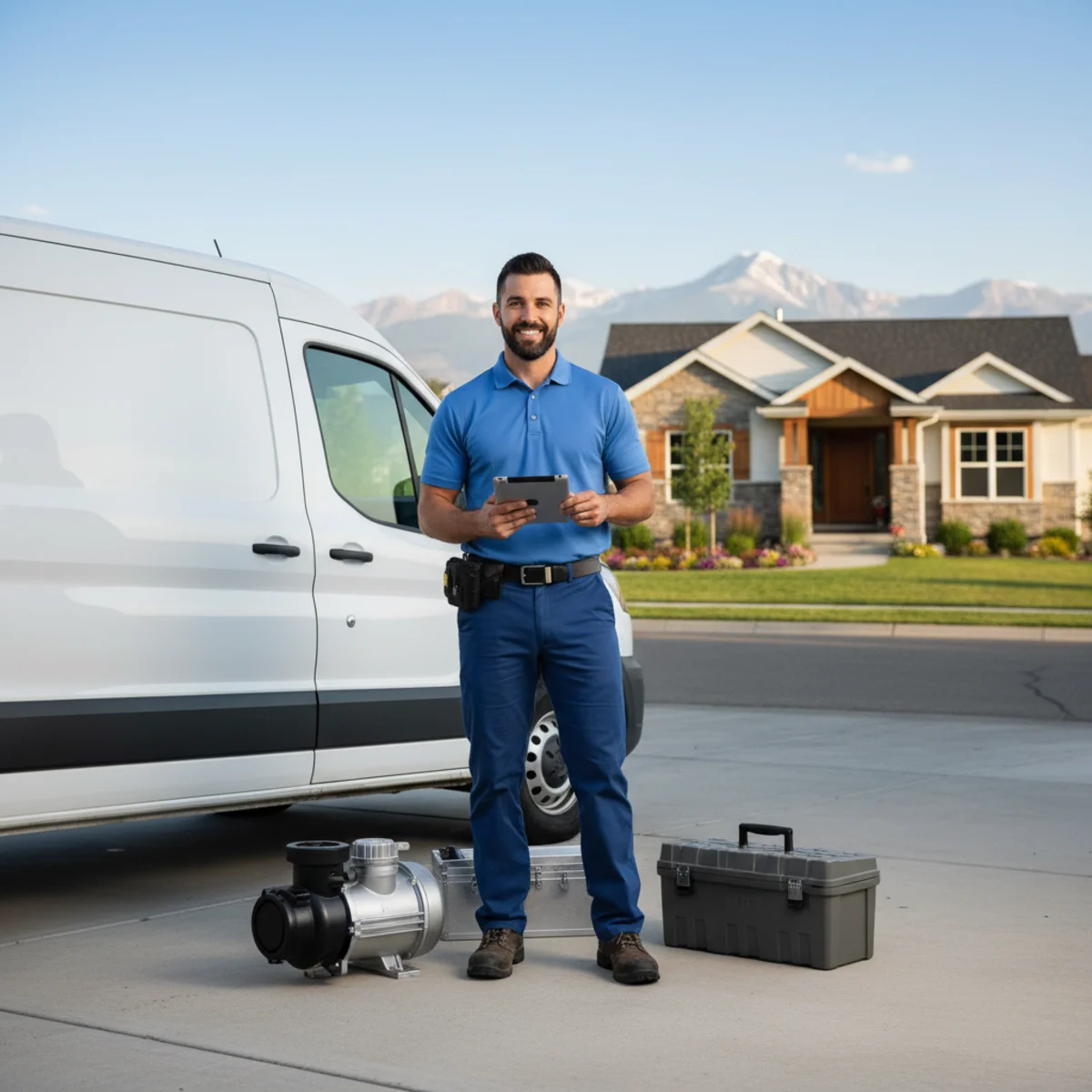 Local Littleton Sump Pump Pros technician at a service van, ready to install a sump pump