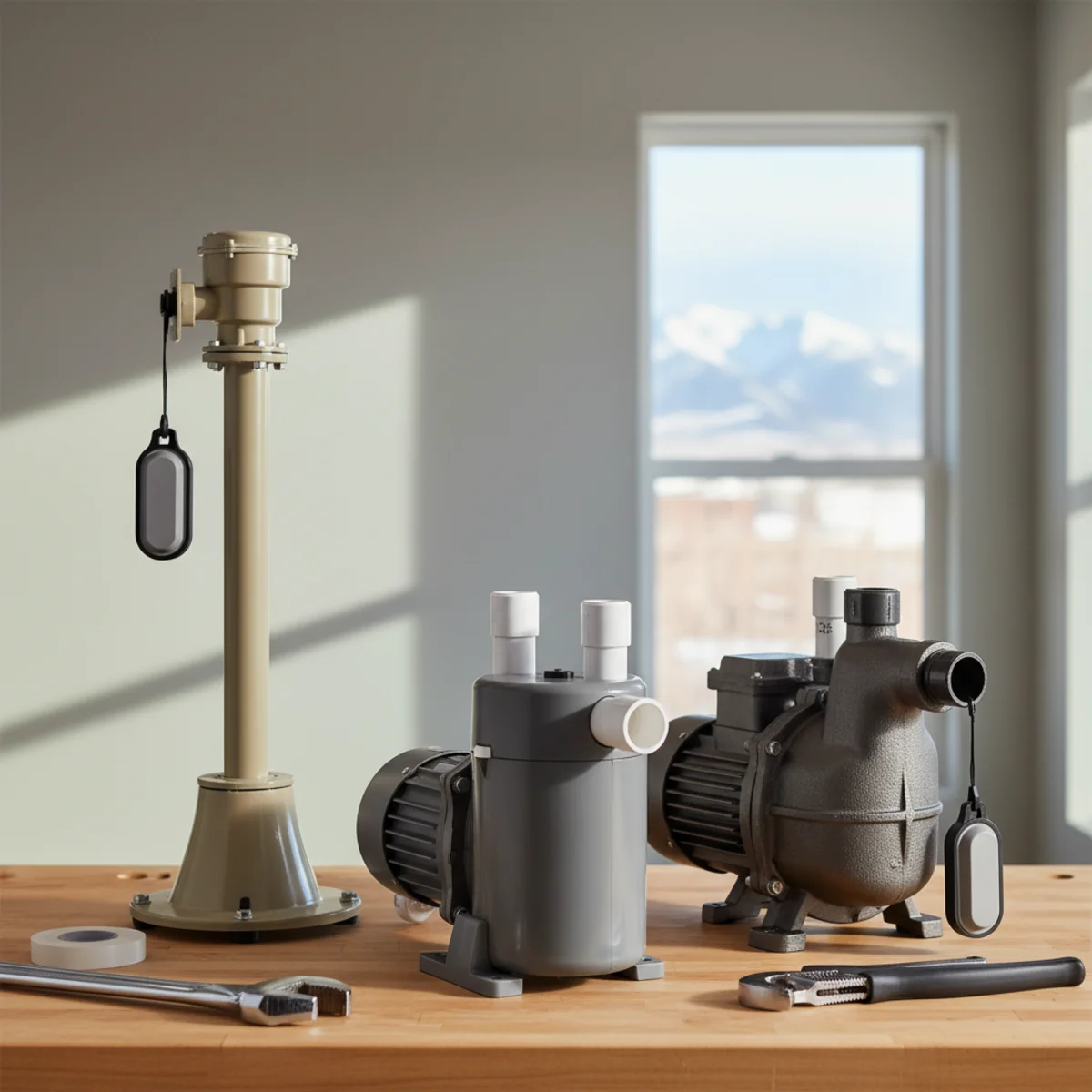 Several sump pump types lined up for comparison