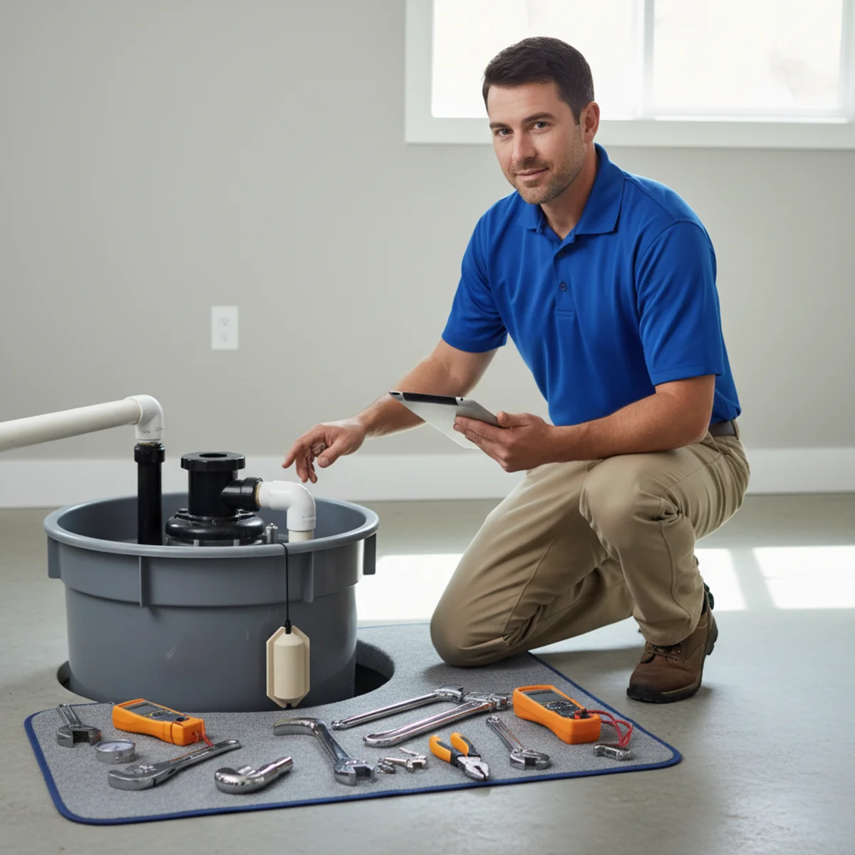 Technician completing a sump pump maintenance checklist