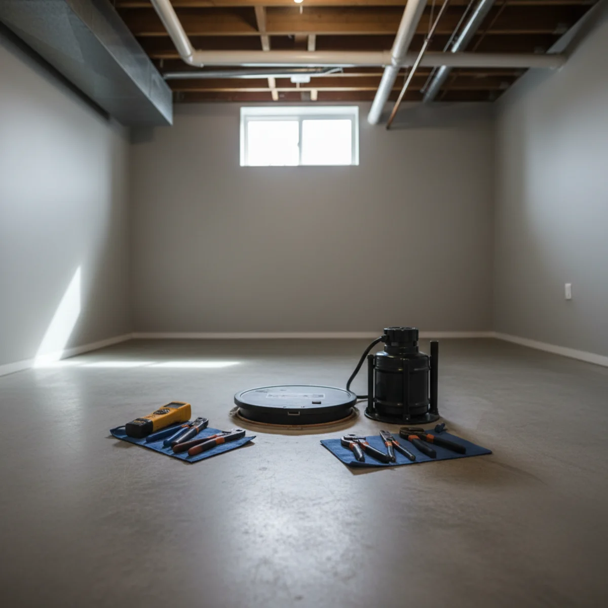 Sump pump keeping a basement floor dry
