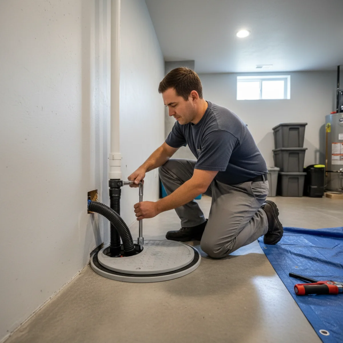 Sump pump system in a finished basement with access cover