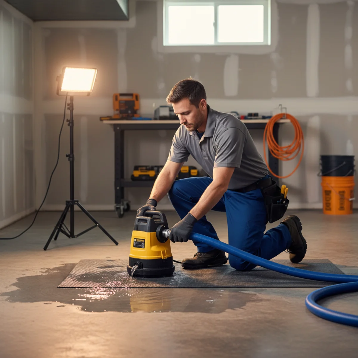 Plumber pumping standing water out of a basement