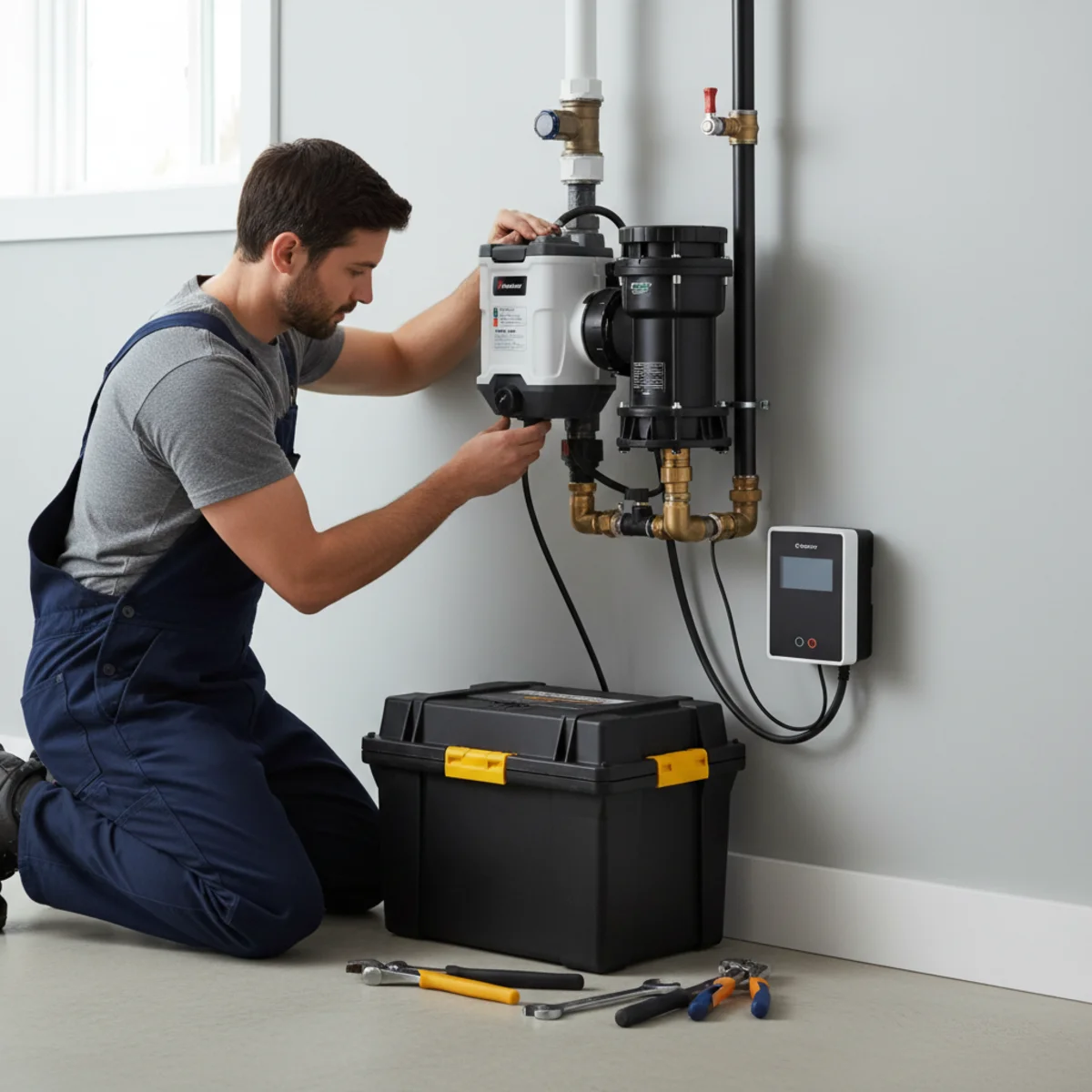 Battery backup sump pump system installed beside a primary pump