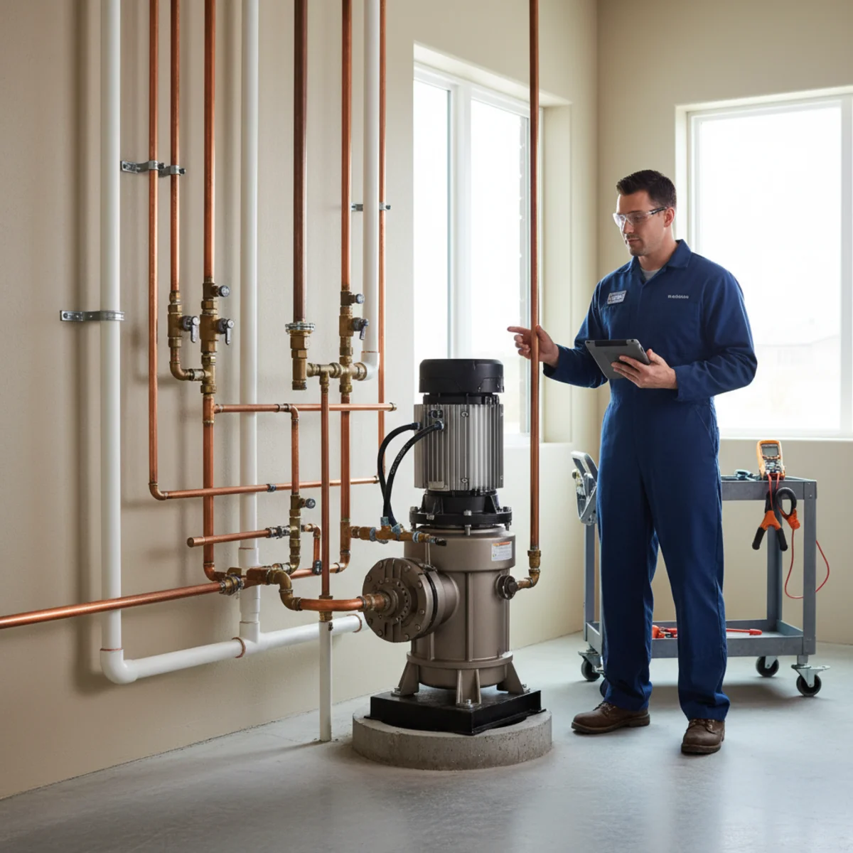 Plumber inspecting a commercial sump pump system with a tablet