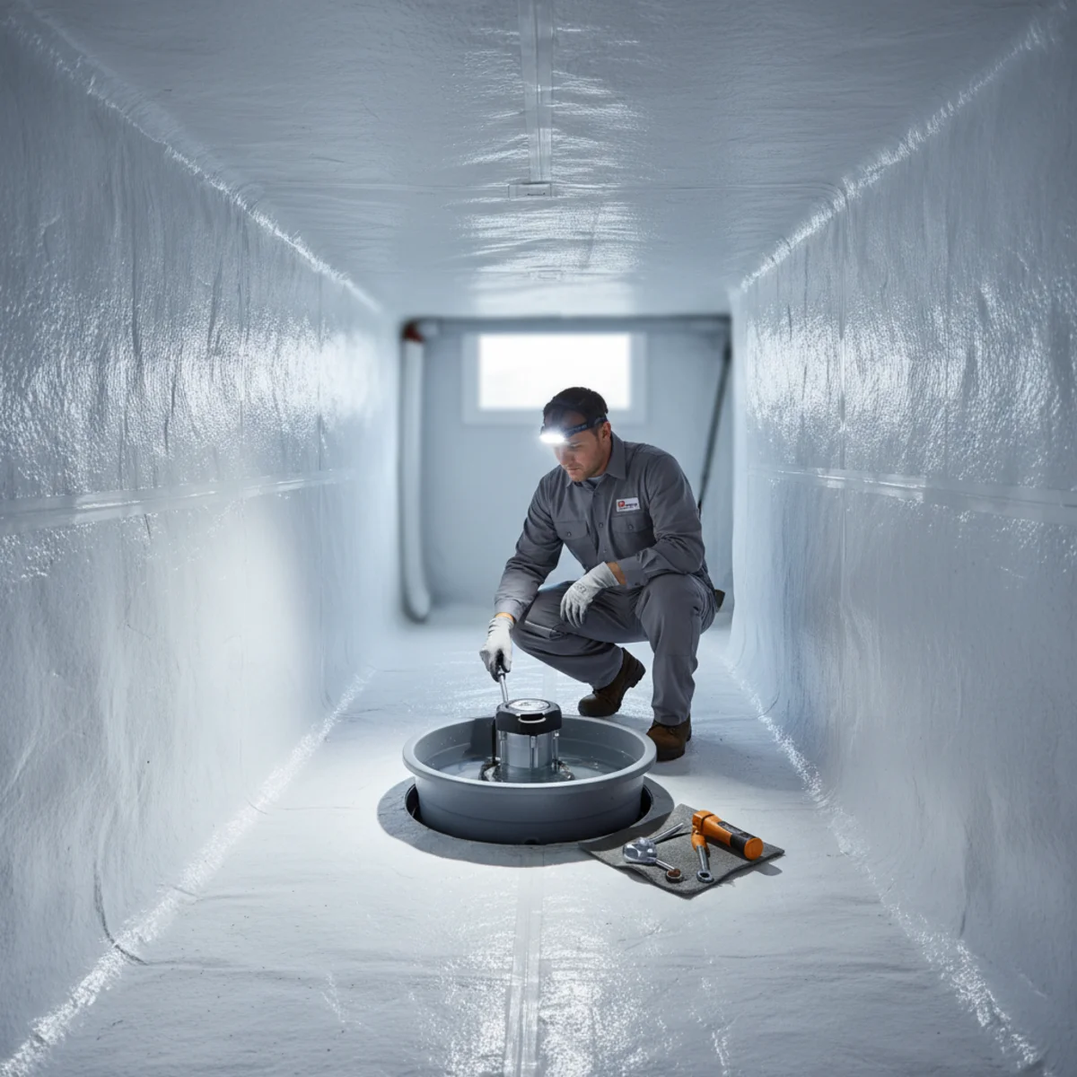 Small sump pump installed in a clean encapsulated crawl space