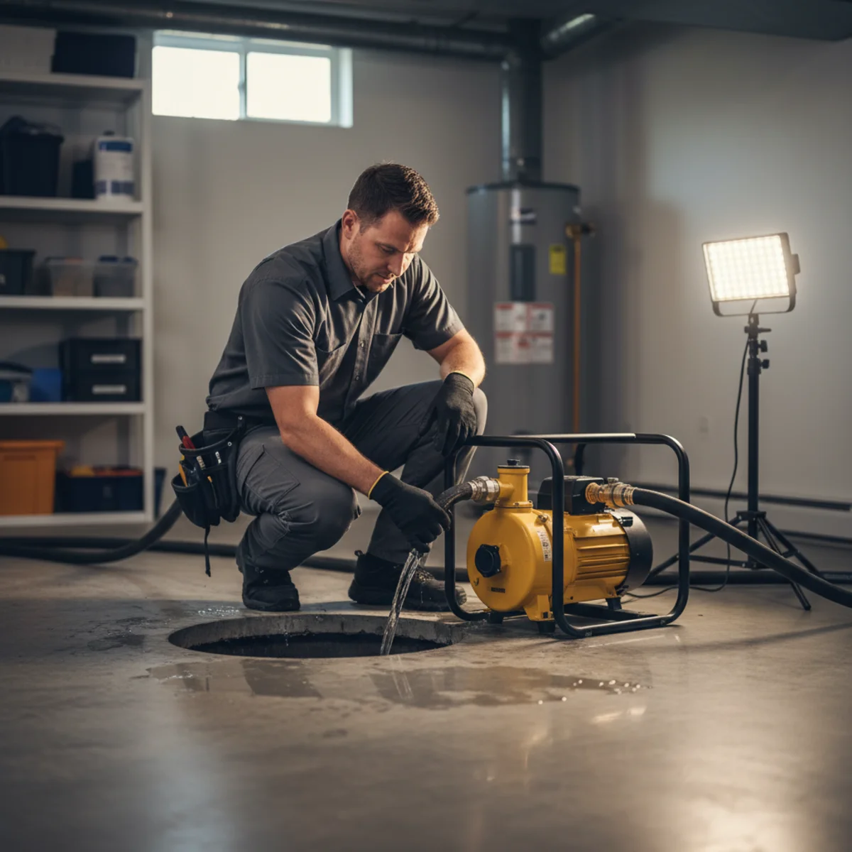 Plumber responding to a sump pump emergency with rising basement water
