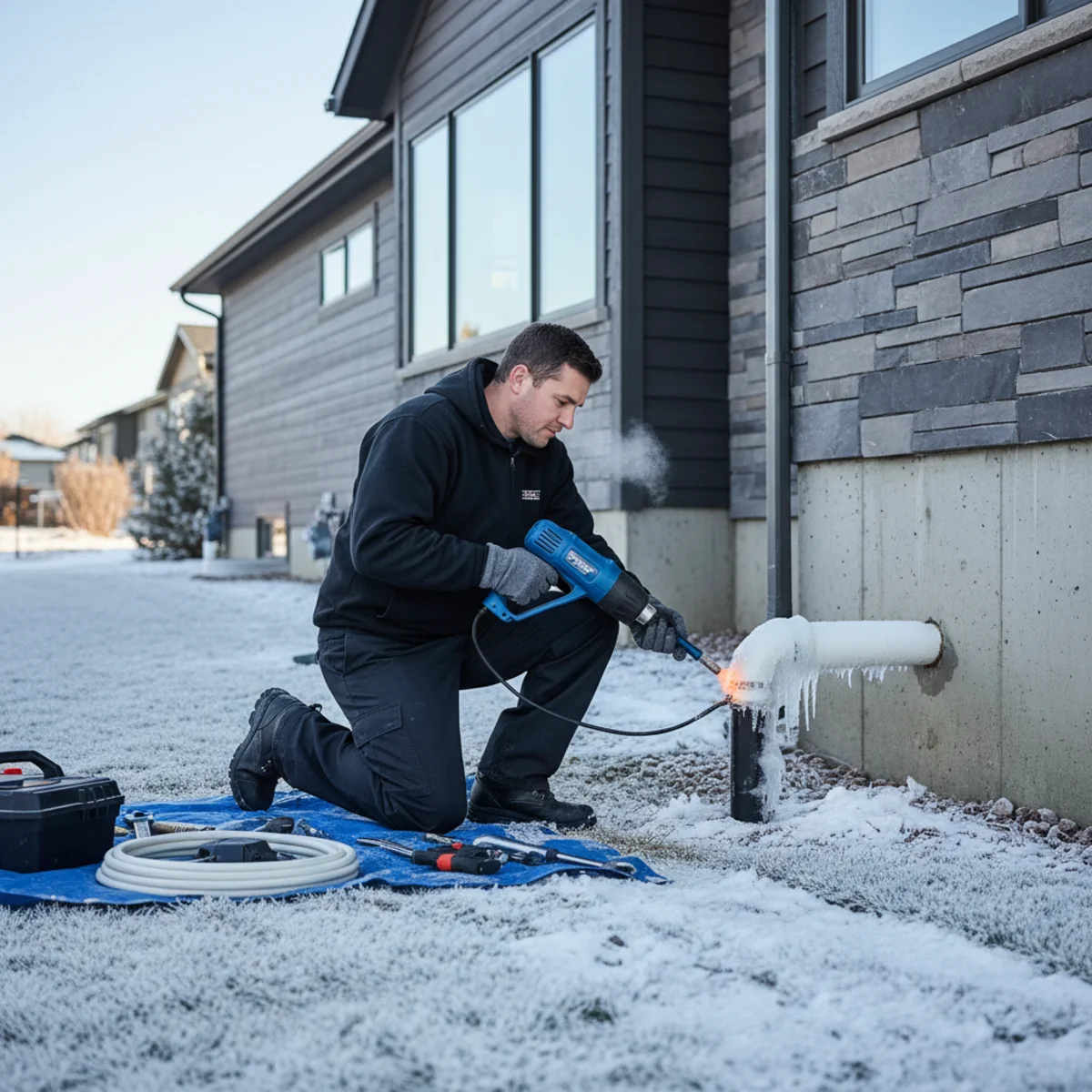 Plumber clearing a frozen sump pump discharge line in winter