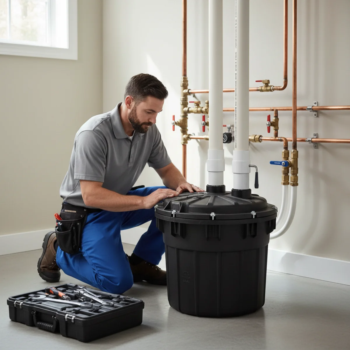 Plumber inspecting a sealed sewage ejector basin in a basement