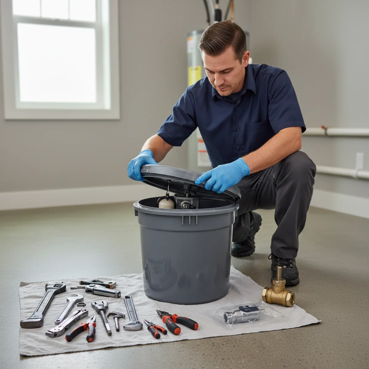 Technician servicing a sewage ejector pump
