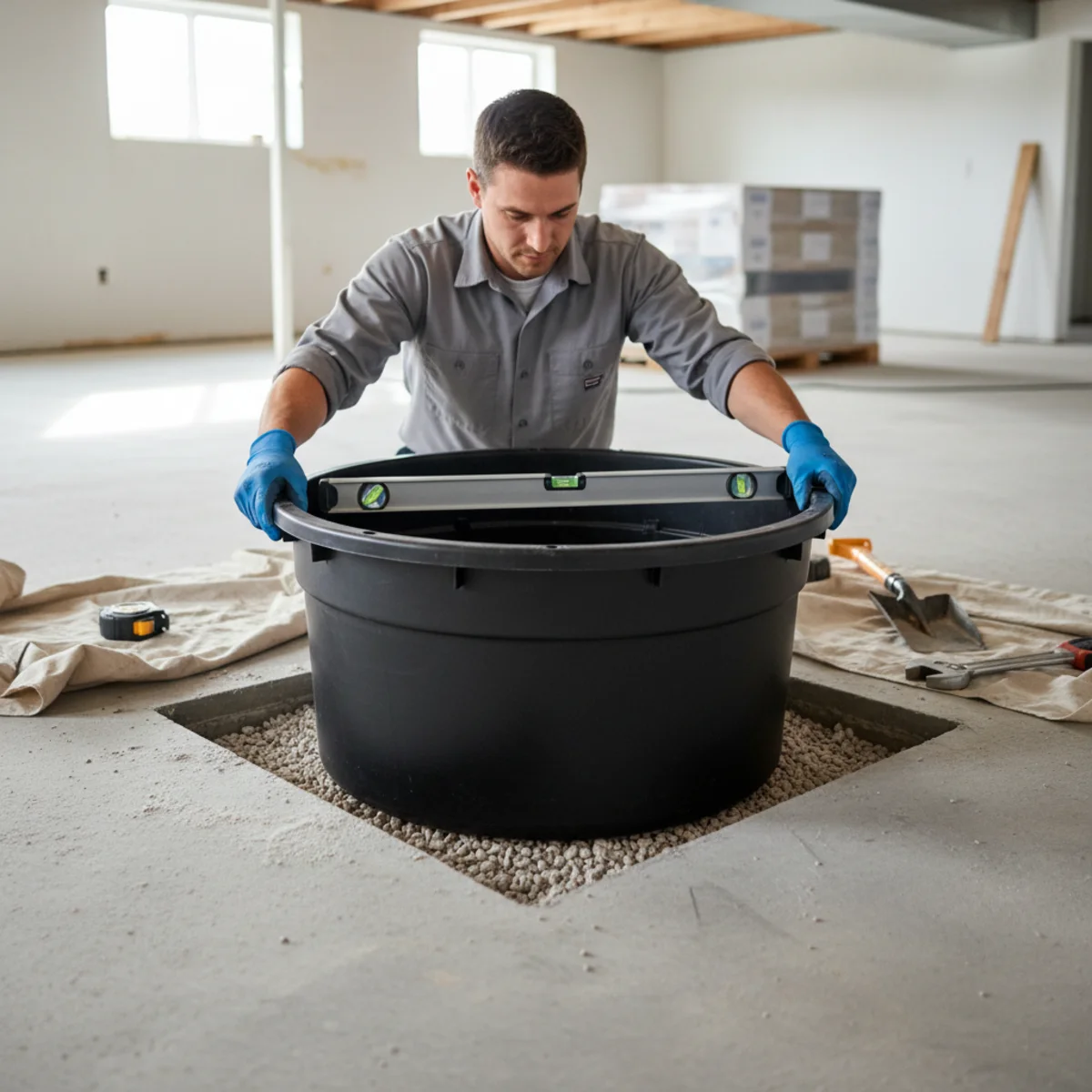 New sump basin and liner being set into a basement floor