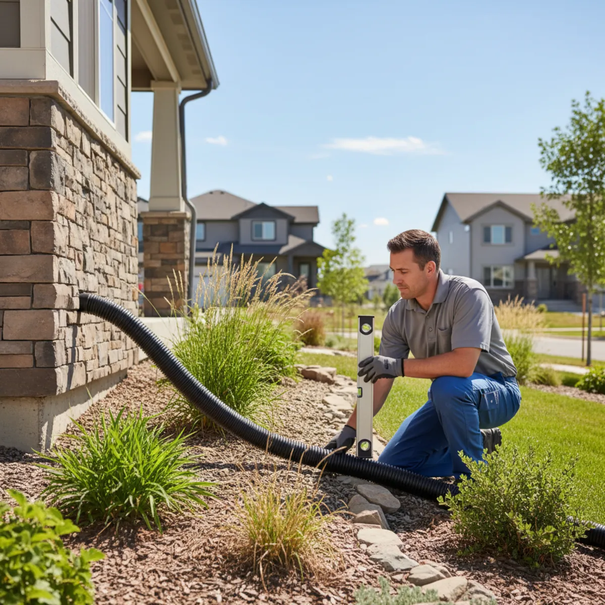 Sump pump discharge line routed away from a Colorado home foundation