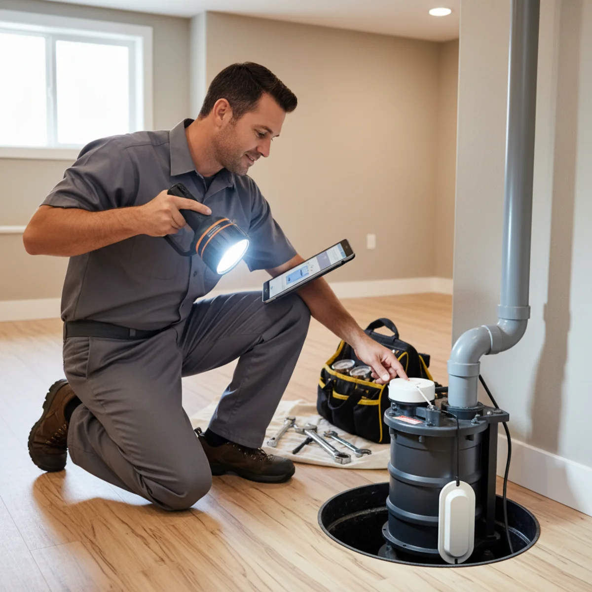 Plumber inspecting a sump pump system with a flashlight and checklist
