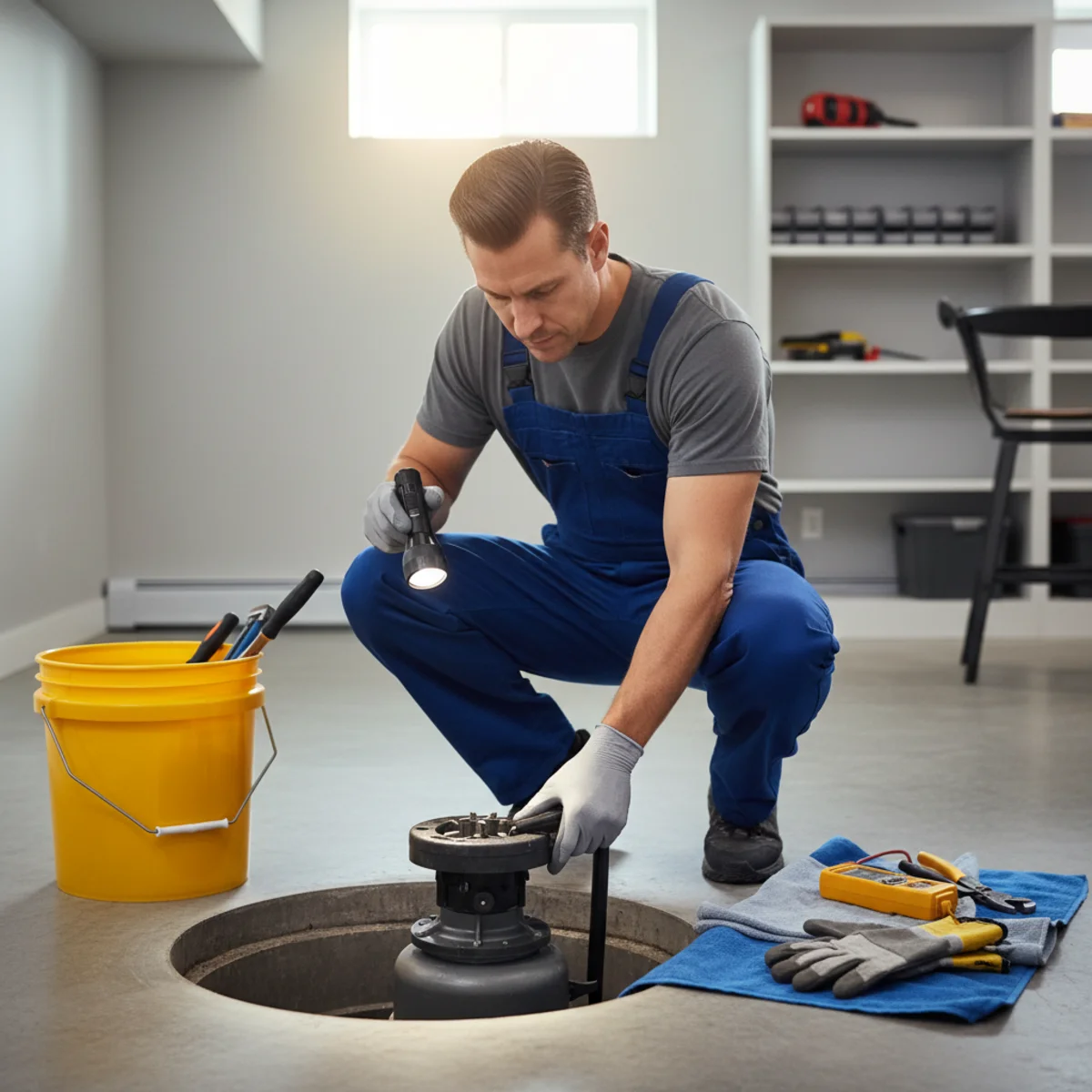 Technician cleaning a sump pit and inspecting pump components