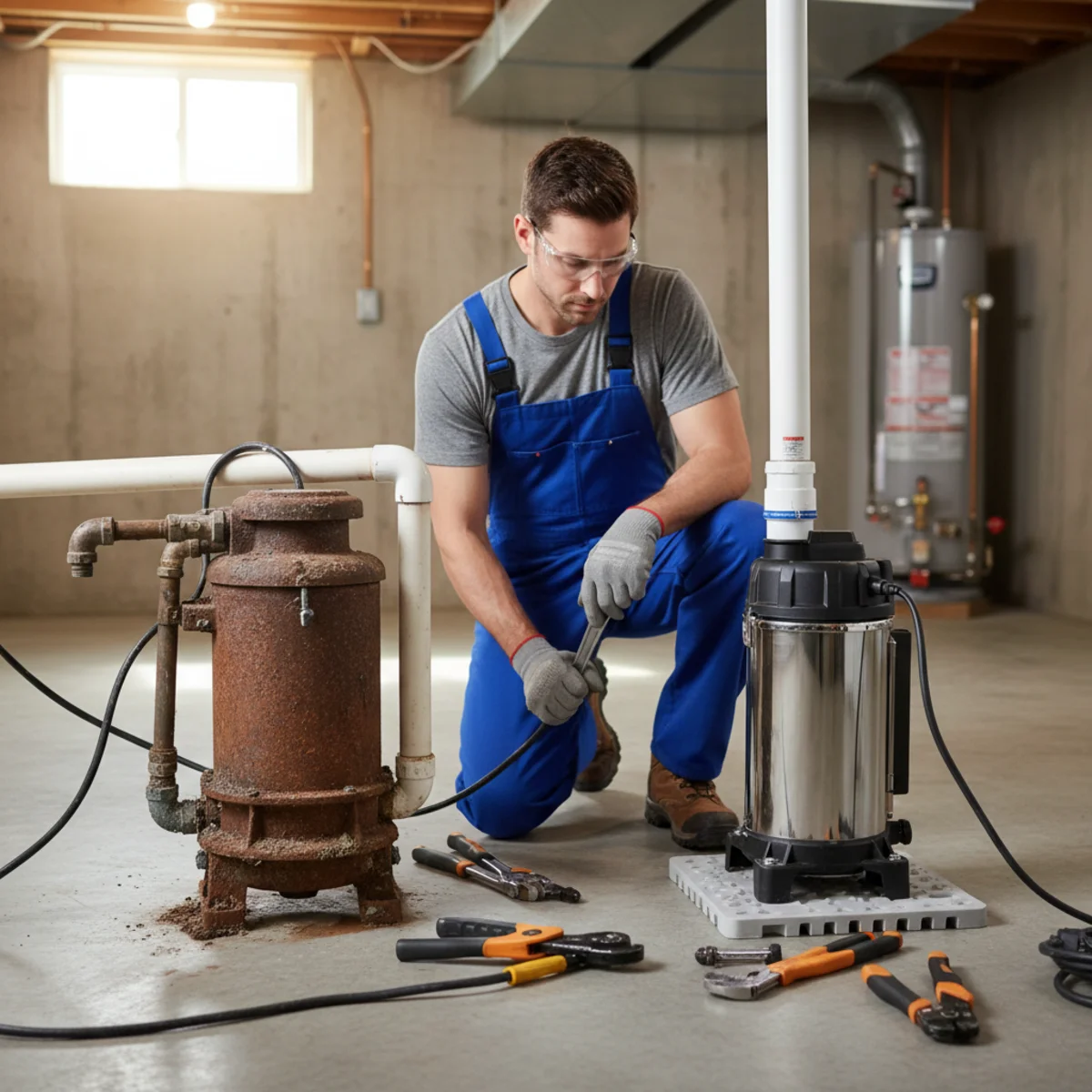 Old rusted sump pump beside a new sump pump during replacement