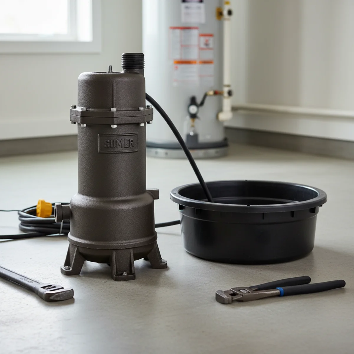Durable cast-iron sump pump on a basement floor