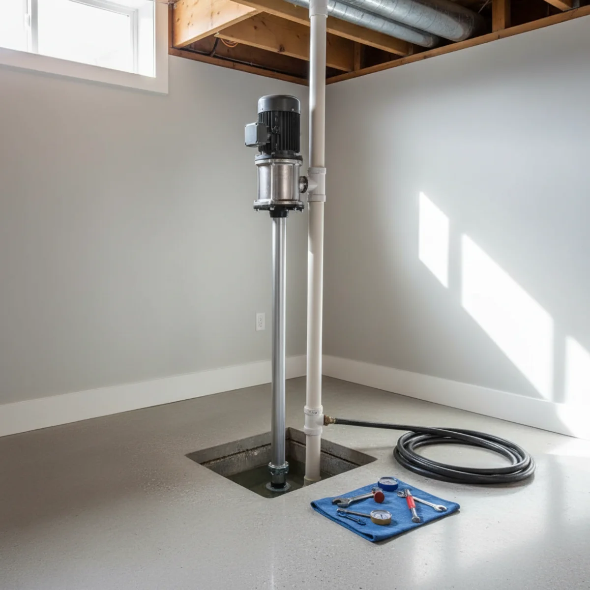 Pedestal sump pump with motor above the basin