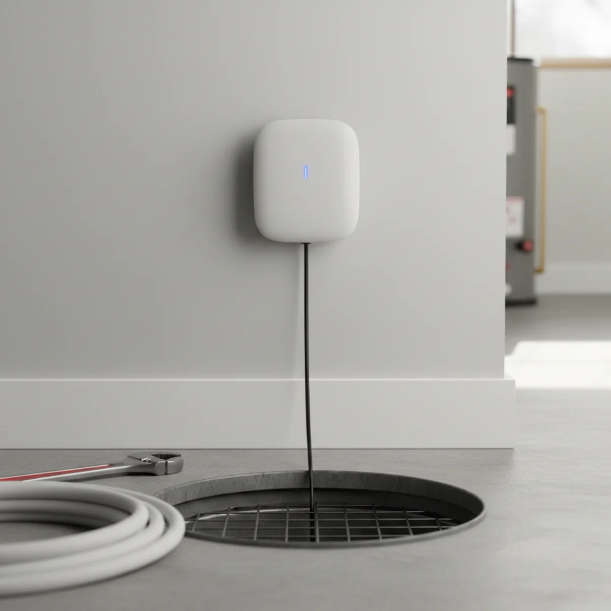 Smart sump pump alarm and water sensor mounted on a basement wall