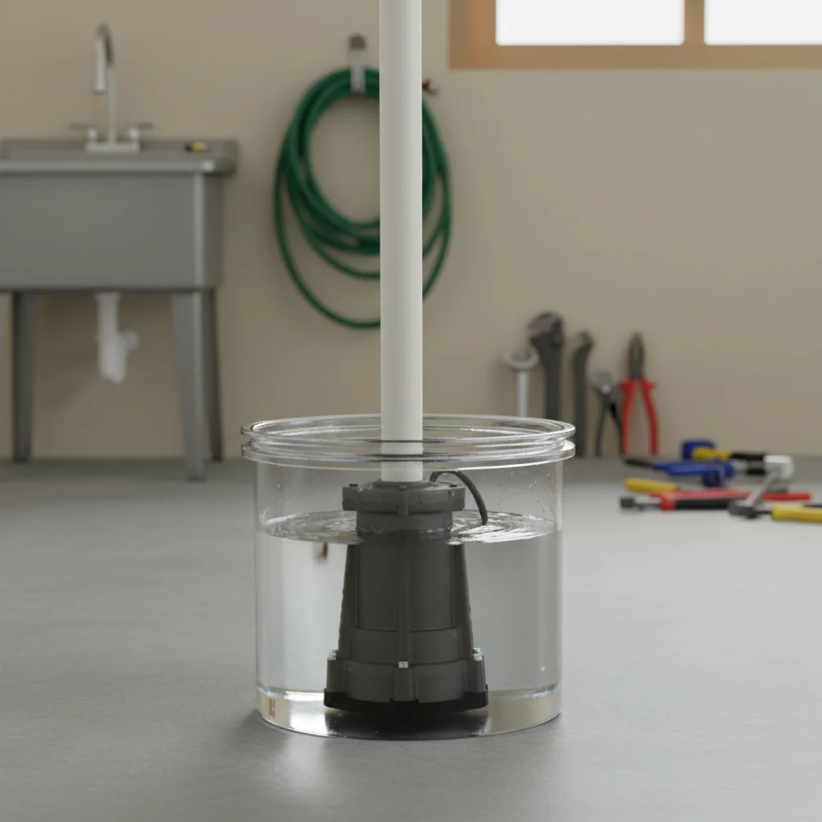 A submersible sump pump seated in a water-filled basin