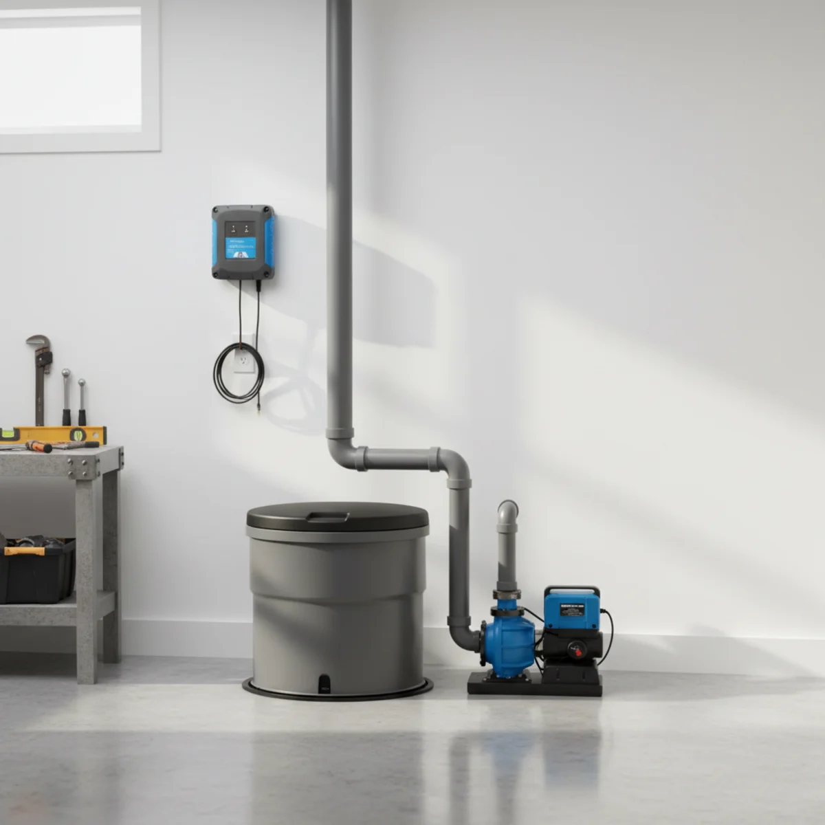 A modern basement utility room with a sump pump and discharge pipe