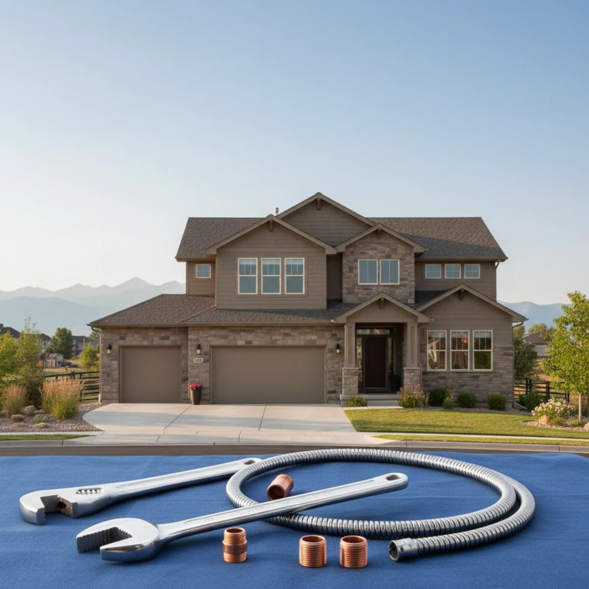 A Colorado suburban home with the Front Range in the distance